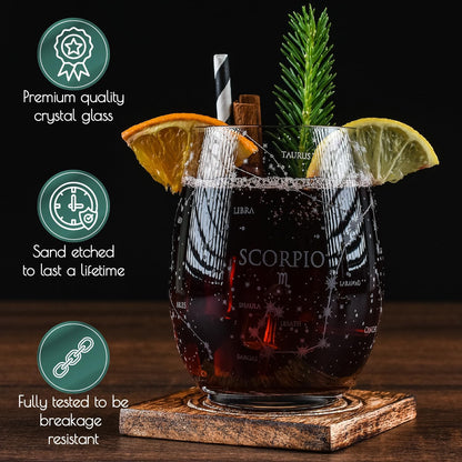 Scorpio Stemless Wine Glasses Zodiac Scorpio Set Hand Etched 15 Oz (Set of 2) - Astrology Sign Glassware