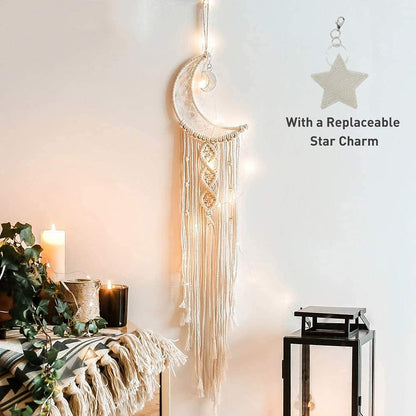 Boho Macrame Woven Wall Hanging, Crochet Crescent Moon Star Dream Catcher with Long Tassel- White Cotton Handmade Bohemian Home Decor Decoration Art Craft for Kids Bedroom Dorm Room