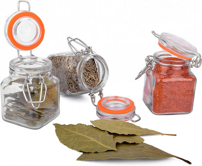 Spice Jars - 12 Airtight Flip Top Bottles with 40 Labels & Chalkboard Pen - Complete Set of 3.4 Ounce Square Empty Spice Bottles with Funnel | Kitchen Spice Organizer Clear Glass Jars