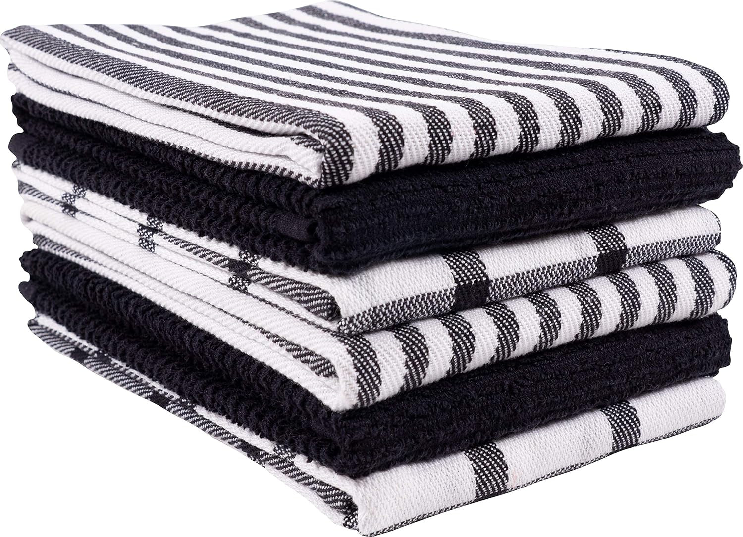 Premium Kitchen Towels (18" X 28"), Large 100% Cotton, Flat & Terry Absorbent Dish Towel Set (Black, 18 X 28-6 Pack)