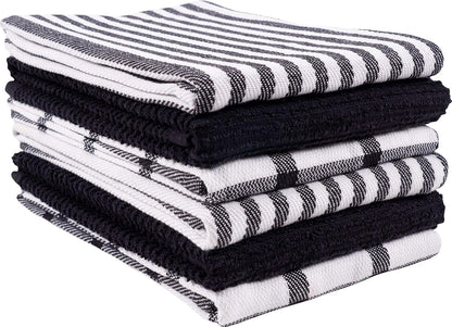Premium Kitchen Towels (18" X 28"), Large 100% Cotton, Flat & Terry Absorbent Dish Towel Set (Black, 18 X 28-6 Pack)