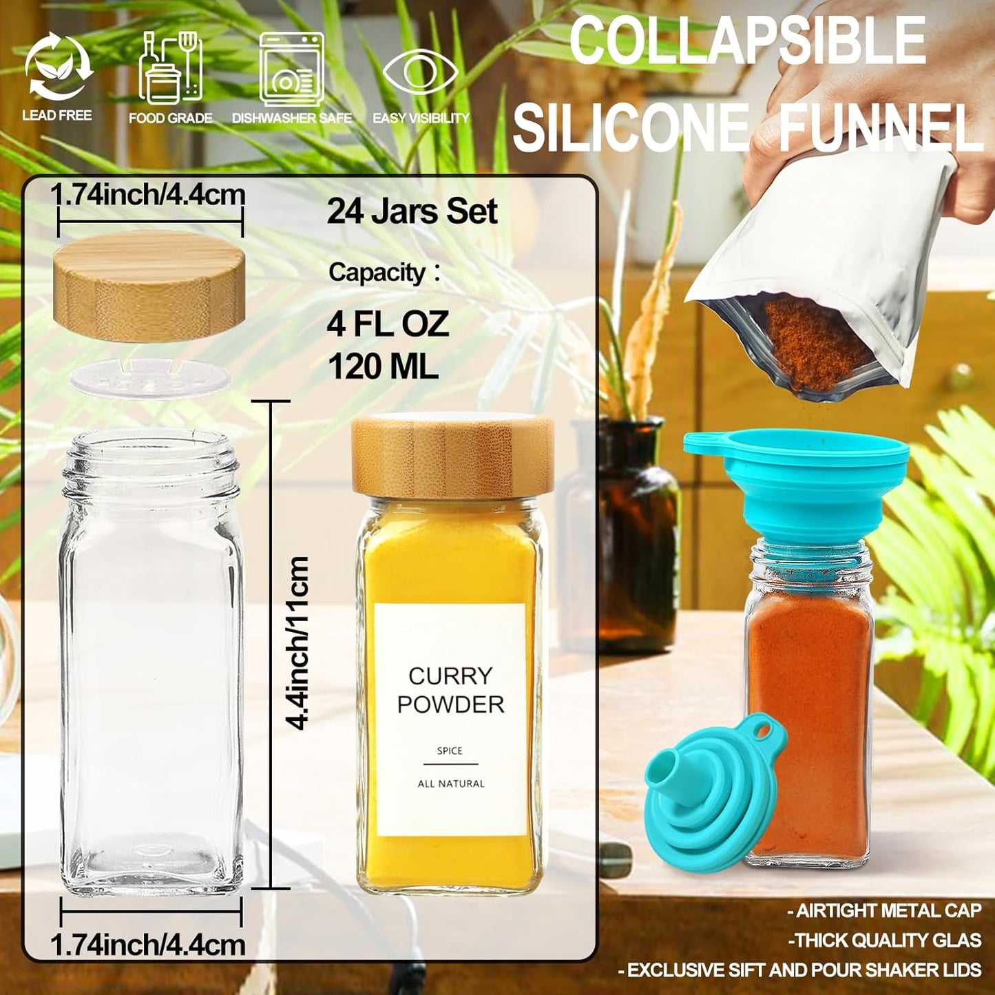 Glass Spice Jars with 398 Labels, 24 Pcs 4Oz Spice Containers with Bamboo Lids, Square Spice Bottles with Shaker Lids,Spice Organization for Cabinet,Drawer,Rack,Seasoning Organizer