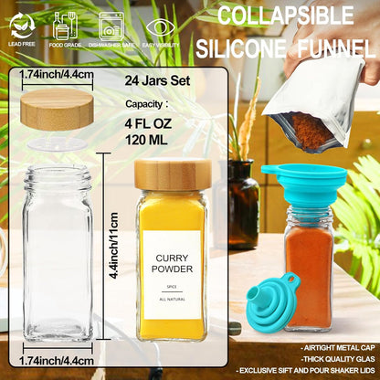 Glass Spice Jars with 398 Labels, 24 Pcs 4Oz Spice Containers with Bamboo Lids, Square Spice Bottles with Shaker Lids,Spice Organization for Cabinet,Drawer,Rack,Seasoning Organizer