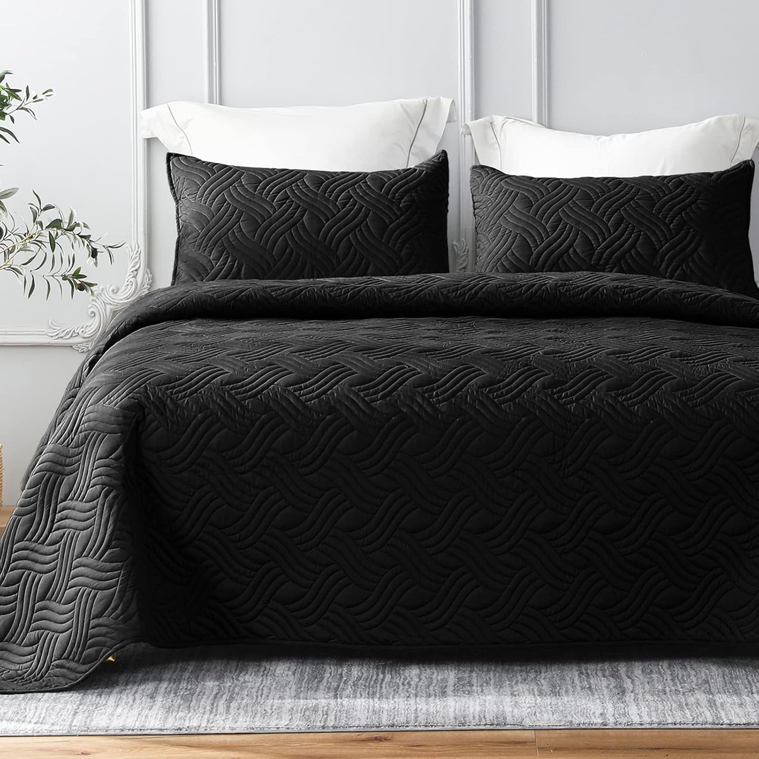 King Size Quilt Bedding Set, Soft Black Quilt King Size with 2 Pillow Shams, Lightweight Bedspread Coverlet Wave Pattern, Quilted Comforter Bed Cover for All Seasons