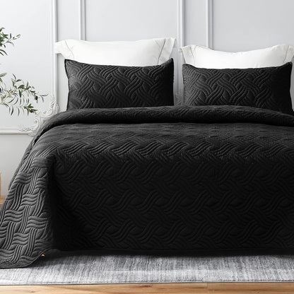 King Size Quilt Bedding Set, Soft Black Quilt King Size with 2 Pillow Shams, Lightweight Bedspread Coverlet Wave Pattern, Quilted Comforter Bed Cover for All Seasons