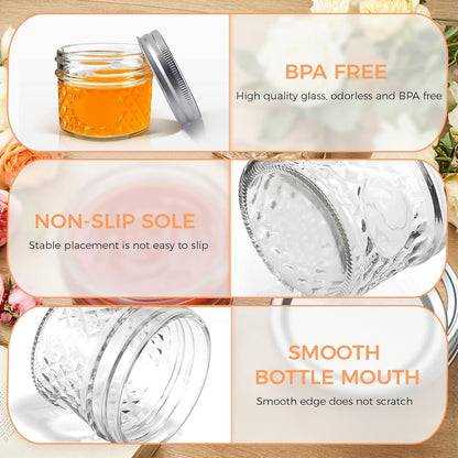 4 Oz 12 PACK Mini Mason Jars with Lids and Bands, Quilted Crystal Jars Ideal for Spice, Honey, Jam, Body Butters, Jelly, Wedding Favors, DIY Candles Decor