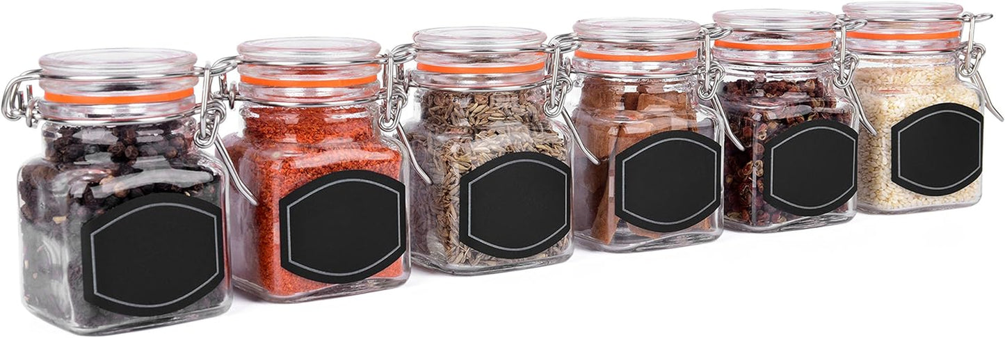 Spice Jars - 12 Airtight Flip Top Bottles with 40 Labels & Chalkboard Pen - Complete Set of 3.4 Ounce Square Empty Spice Bottles with Funnel | Kitchen Spice Organizer Clear Glass Jars
