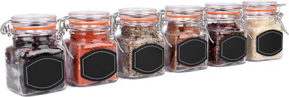 Spice Jars - 12 Airtight Flip Top Bottles with 40 Labels & Chalkboard Pen - Complete Set of 3.4 Ounce Square Empty Spice Bottles with Funnel | Kitchen Spice Organizer Clear Glass Jars