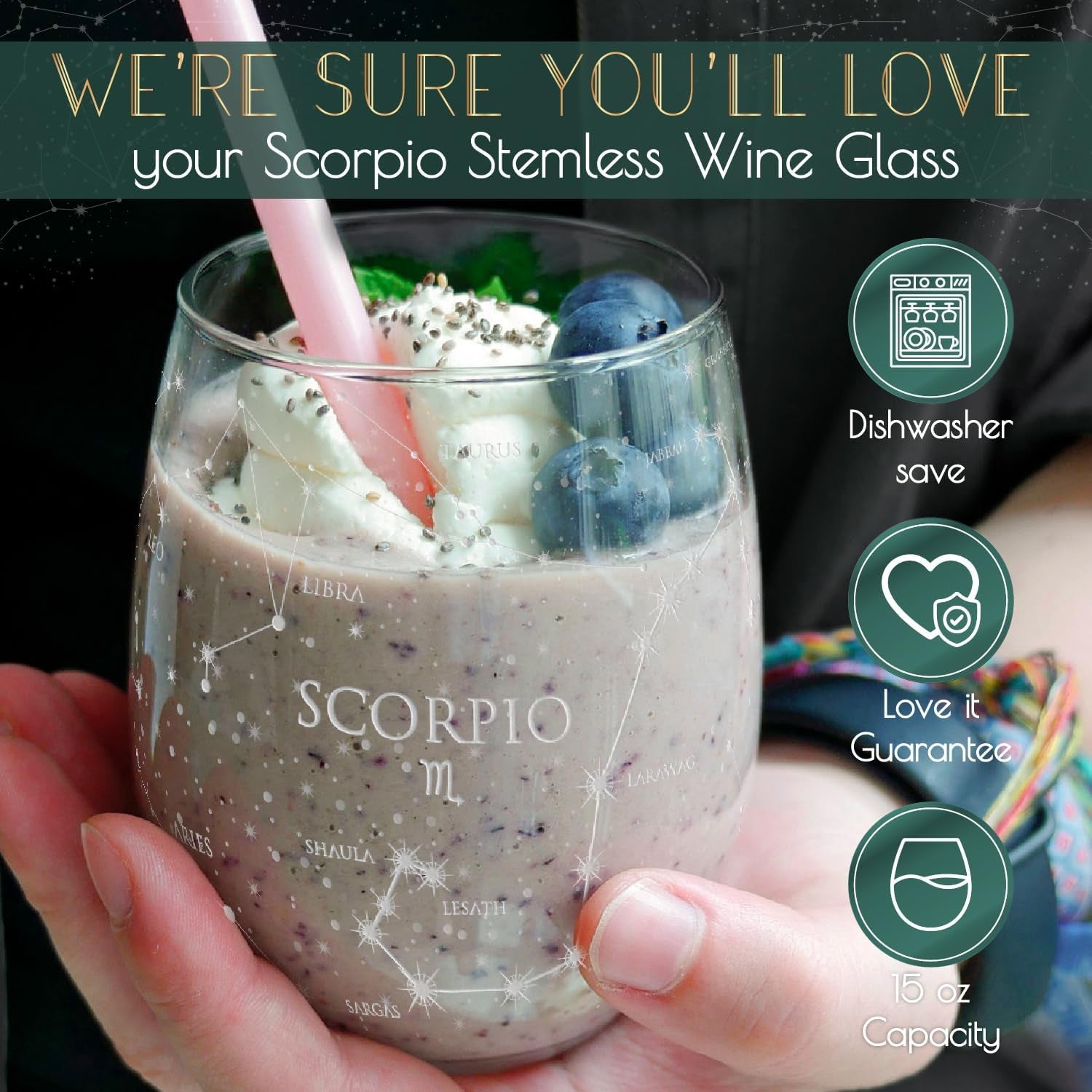 Scorpio Stemless Wine Glasses Zodiac Scorpio Set Hand Etched 15 Oz (Set of 2) - Astrology Sign Glassware