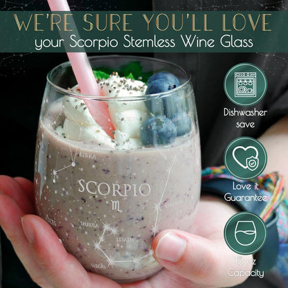 Scorpio Stemless Wine Glasses Zodiac Scorpio Set Hand Etched 15 Oz (Set of 2) - Astrology Sign Glassware