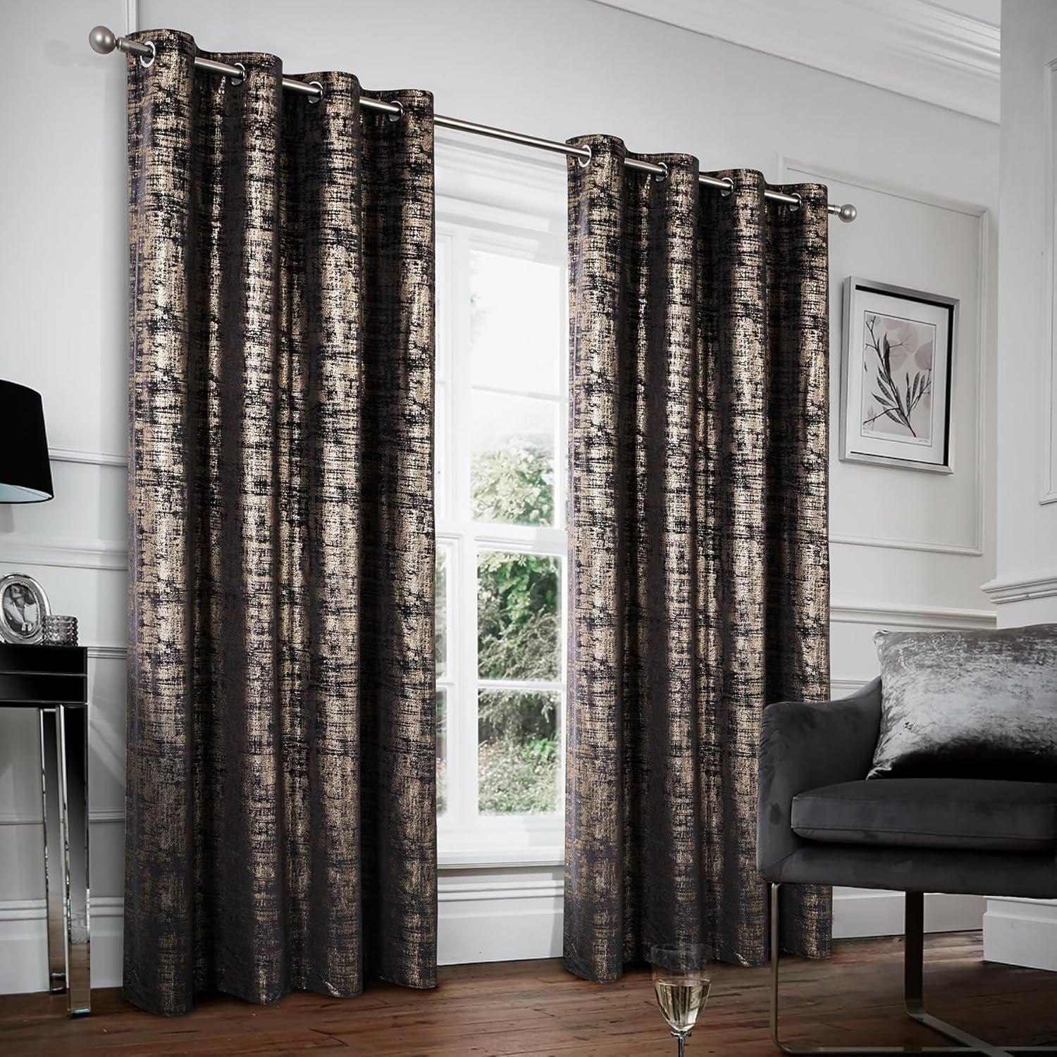 Black Gold Soft Velvet Curtains 84 Inch Length Luxury Bedroom Curtains Gold Foil Print Window Treatments for Living Room Bedroom Set of 2