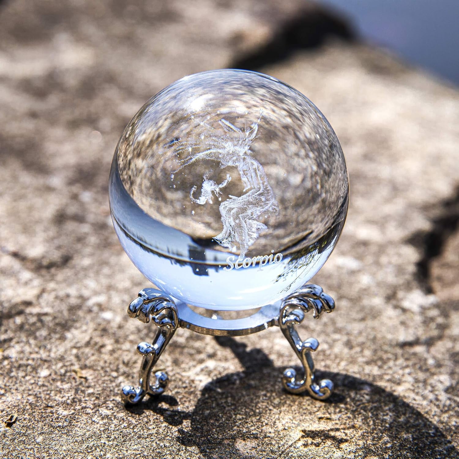 3D Laser Constellation Ball Crystal 60Mm Paperweight Full Sphere Glass Fengshui with Sliver-Plated Flowering Stand(Scorpio)