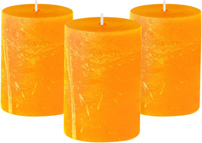 3X4 Inches Orange Candles & Fall Set, Rustic Texture Dripless Pillar Candles, Set of 3