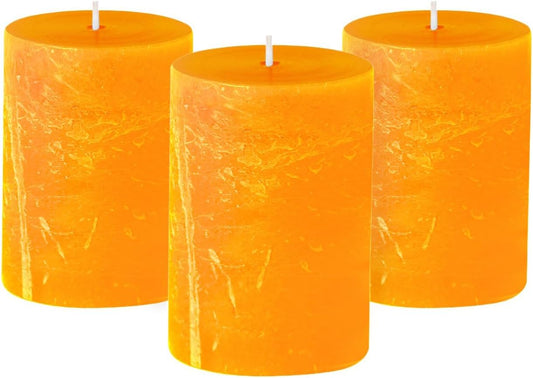3X4 Inches Orange Candles & Fall Set, Rustic Texture Dripless Pillar Candles, Set of 3