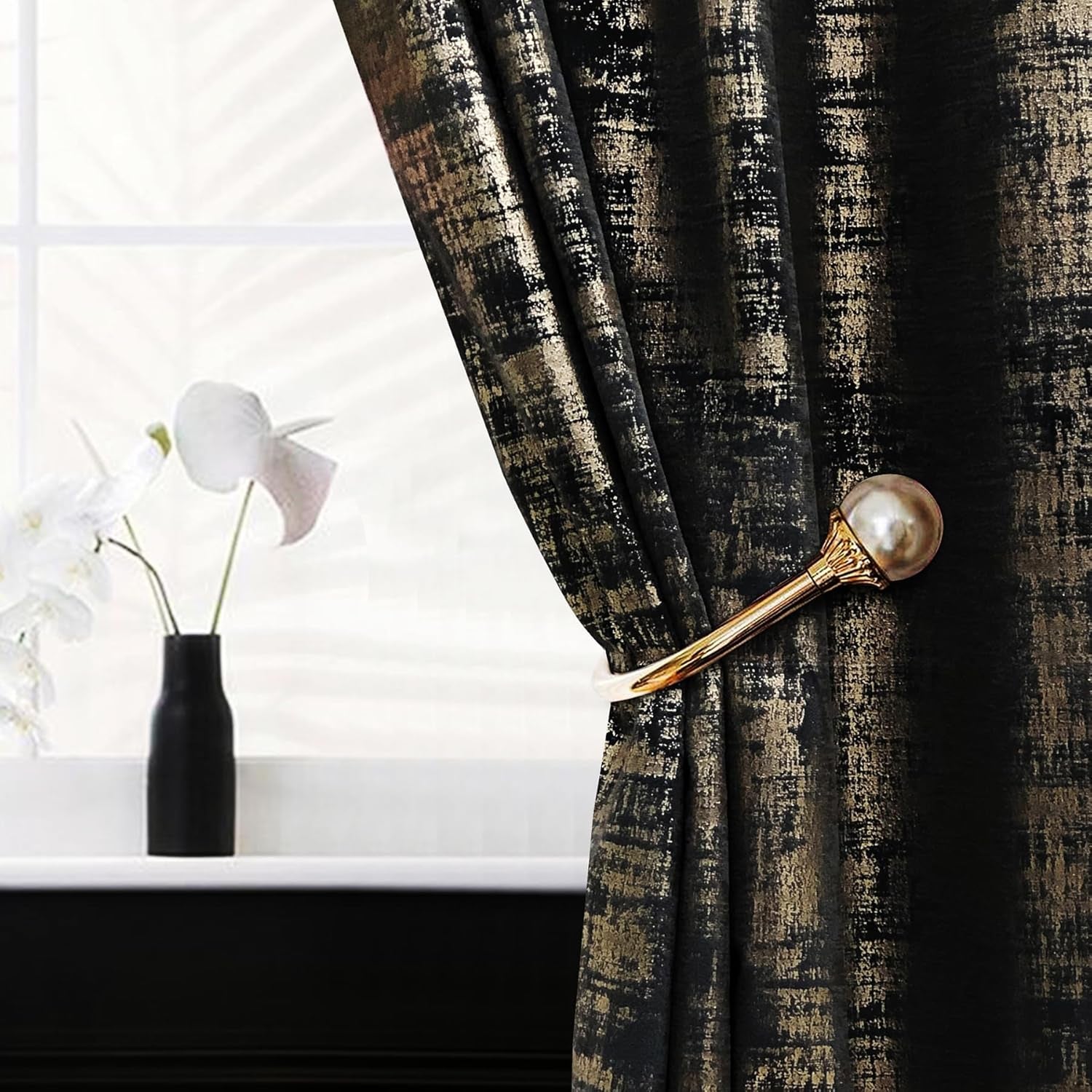 Black Gold Soft Velvet Curtains 84 Inch Length Luxury Bedroom Curtains Gold Foil Print Window Treatments for Living Room Bedroom Set of 2