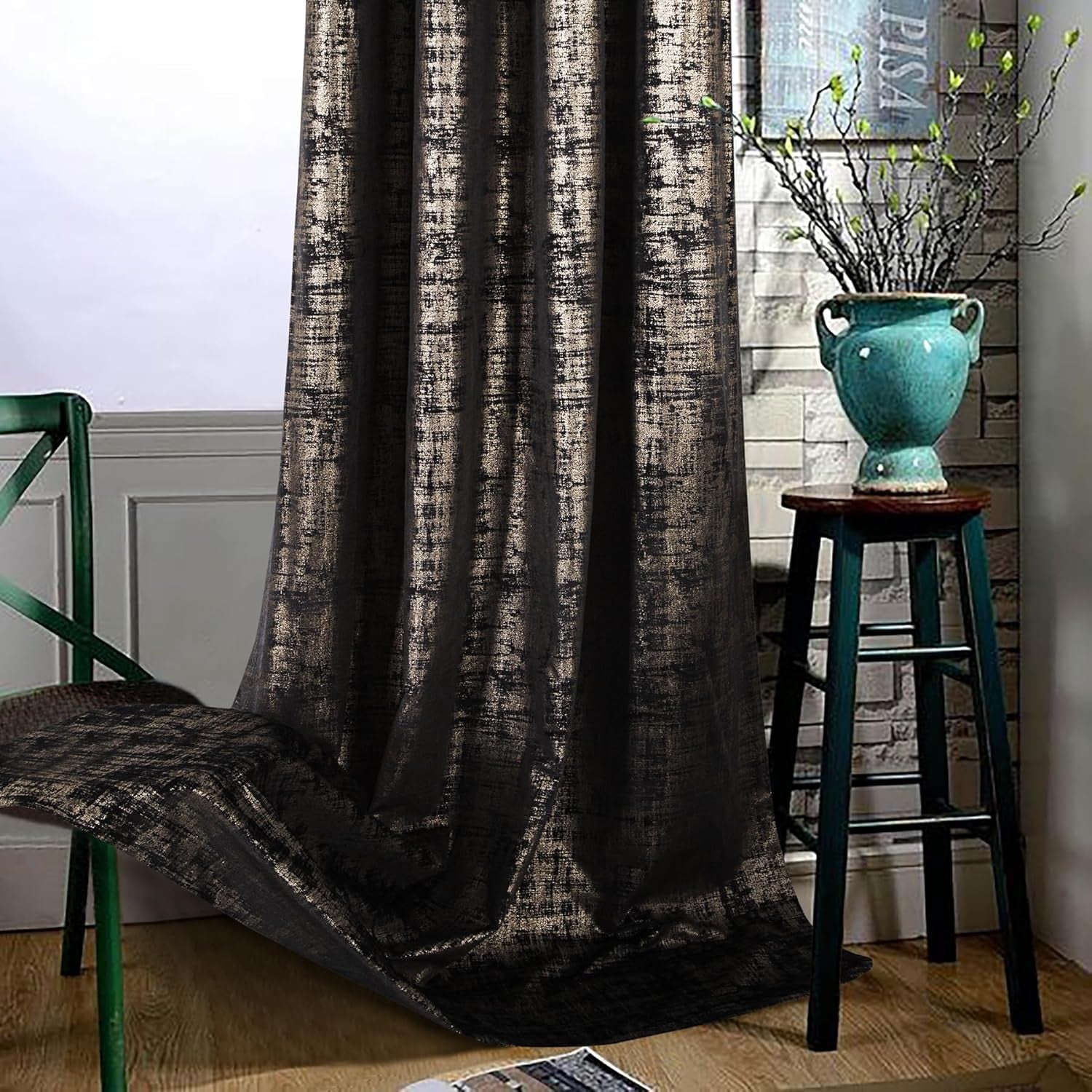 Black Gold Soft Velvet Curtains 84 Inch Length Luxury Bedroom Curtains Gold Foil Print Window Treatments for Living Room Bedroom Set of 2
