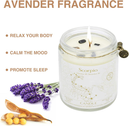 Zodiac Sign Jar Candle, Scorpio, Lavender Scented, Crystal Infused, 4 Ounce, Black, Unisex, All Season, Birthday, Anniversary, Christmas