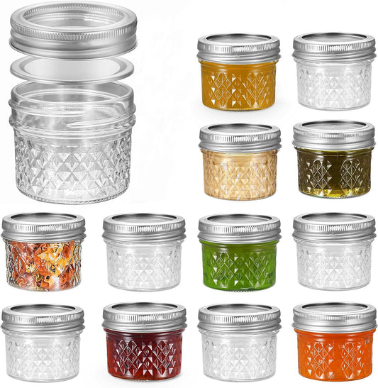 4 Oz 12 PACK Mini Mason Jars with Lids and Bands, Quilted Crystal Jars Ideal for Spice, Honey, Jam, Body Butters, Jelly, Wedding Favors, DIY Candles Decor
