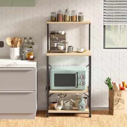 Kitchen Baker'S Rack Utility Storage Shelf Microwave Stand Cart on Wheels with Side Hooks, Kitchen Organizer Rack 4 Tier Shelves Adjustable Feet P2 Wood Oak