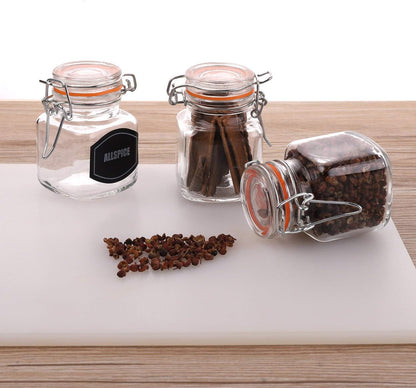 Spice Jars - 12 Airtight Flip Top Bottles with 40 Labels & Chalkboard Pen - Complete Set of 3.4 Ounce Square Empty Spice Bottles with Funnel | Kitchen Spice Organizer Clear Glass Jars