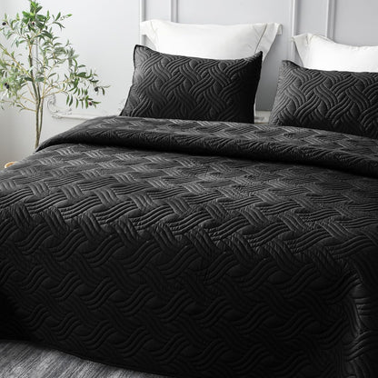 King Size Quilt Bedding Set, Soft Black Quilt King Size with 2 Pillow Shams, Lightweight Bedspread Coverlet Wave Pattern, Quilted Comforter Bed Cover for All Seasons