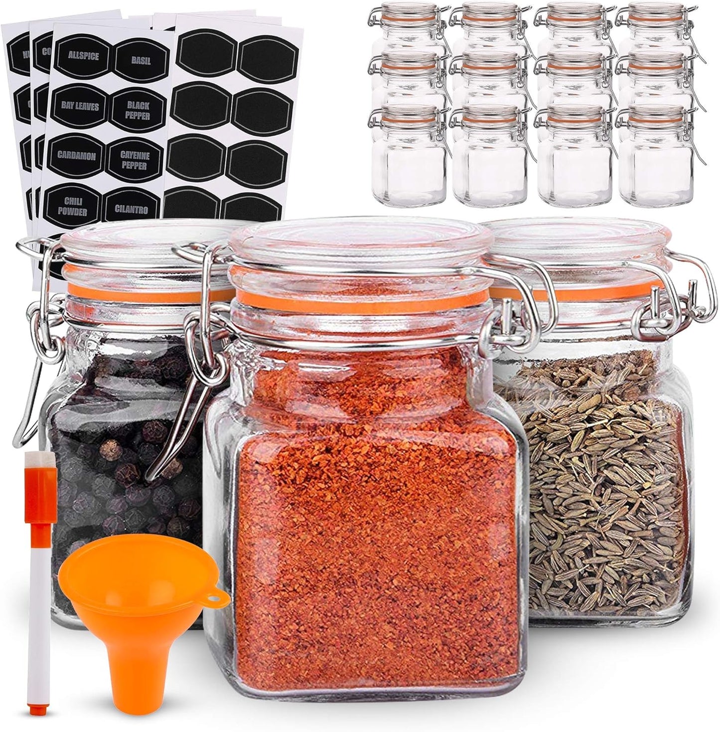 Spice Jars - 12 Airtight Flip Top Bottles with 40 Labels & Chalkboard Pen - Complete Set of 3.4 Ounce Square Empty Spice Bottles with Funnel | Kitchen Spice Organizer Clear Glass Jars
