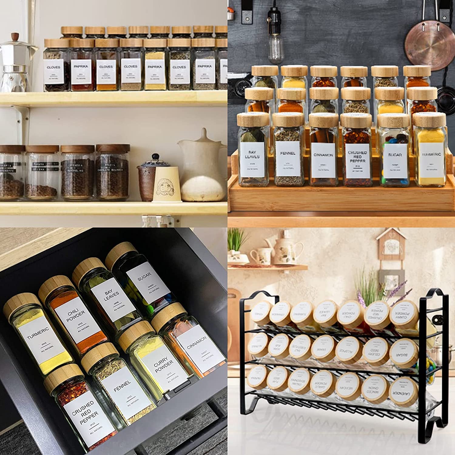 Glass Spice Jars with 398 Labels, 24 Pcs 4Oz Spice Containers with Bamboo Lids, Square Spice Bottles with Shaker Lids,Spice Organization for Cabinet,Drawer,Rack,Seasoning Organizer