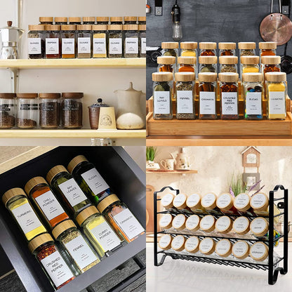 Glass Spice Jars with 398 Labels, 24 Pcs 4Oz Spice Containers with Bamboo Lids, Square Spice Bottles with Shaker Lids,Spice Organization for Cabinet,Drawer,Rack,Seasoning Organizer